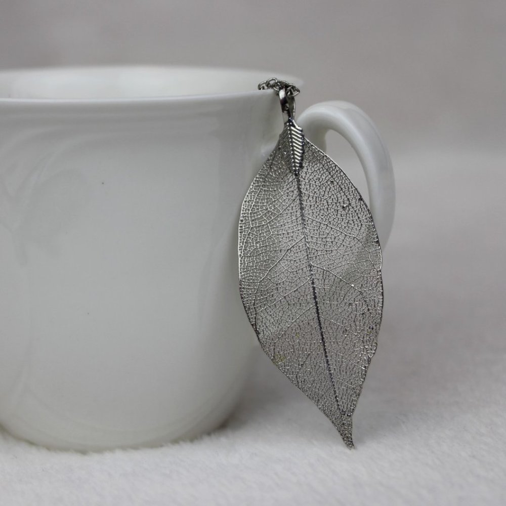 Dynamite, Real Leaf Skeleton Filigree Pendant Chain Necklace, 16" long, Silver